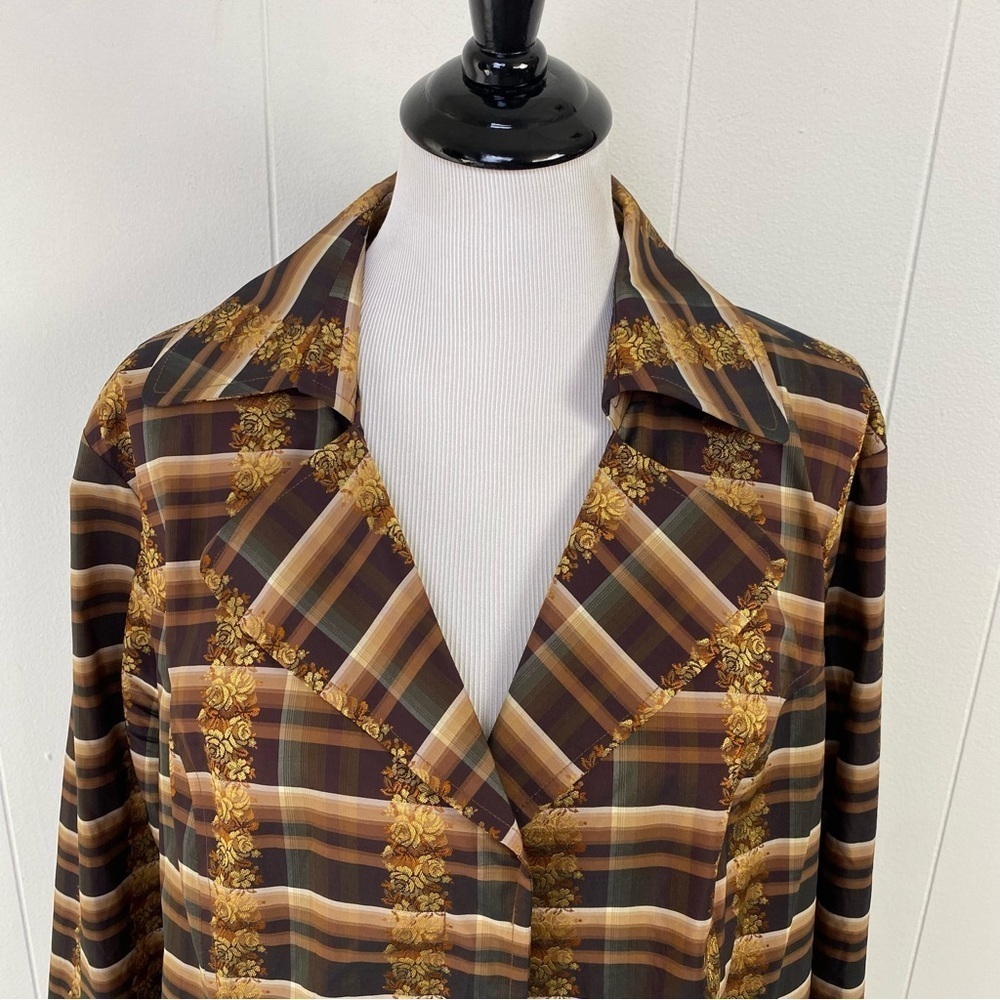 Austin Reed 70s VTG Plaid Paisley Print Button Up Blouse Size 16W Brown Gold - Picture 3 of 14